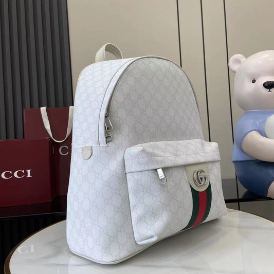 Gucci White GG Supreme Canvas Backpack With Web Stripe And Silver Tone Double G 834466