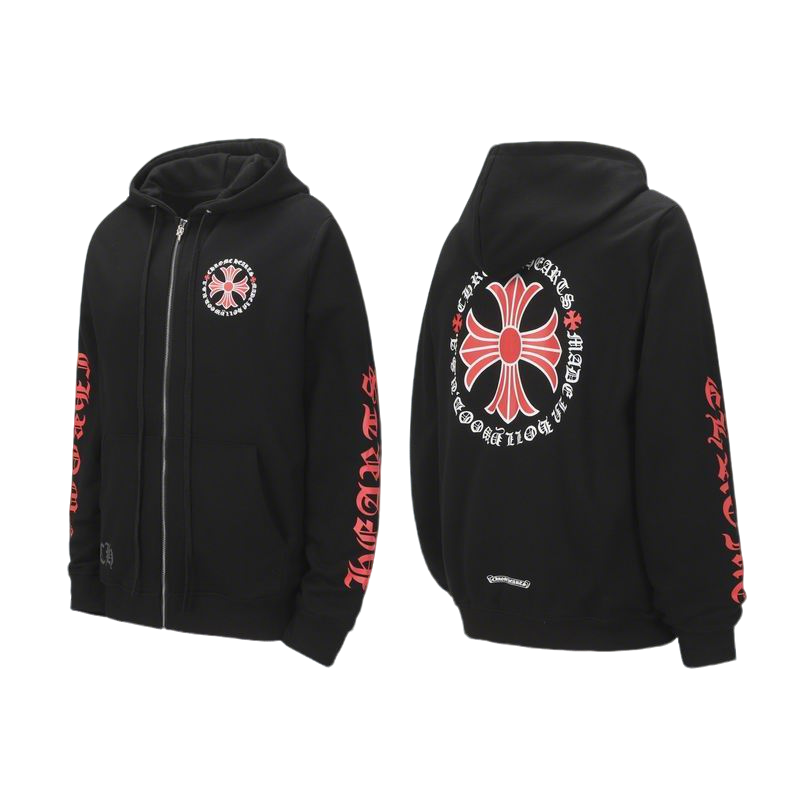 Chrome Hearts Inspired Black Zip Up Hoodie with Red Cross Motifs