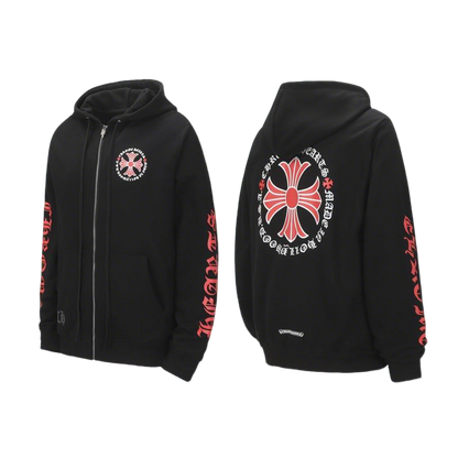 Chrome Hearts Inspired Black Zip Up Hoodie with Red Cross Motifs