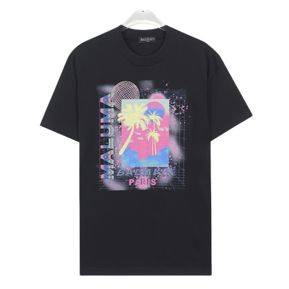Balmain Black/White Tee With Retro Palm Tree Graphic For Trendy Streetwear Looks
