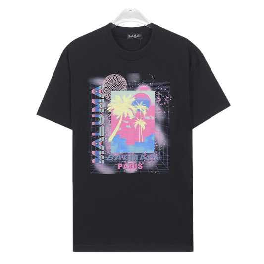 Balmain Black/White Tee With Retro Palm Tree Graphic For Trendy Streetwear Looks