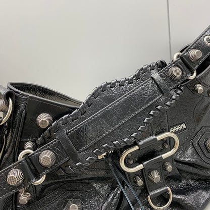 Black Balenciaga Studded Hobo Bag with Heart - Shaped Charm and Mini Pouch for Edgy Fashion Style No.3725