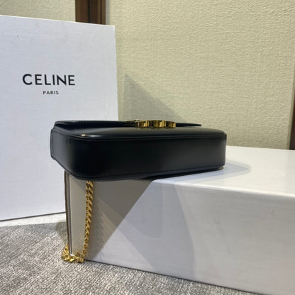 Celine Black Leather Crossbody Bag With Gold Chain And Triomphe Buckle 197993