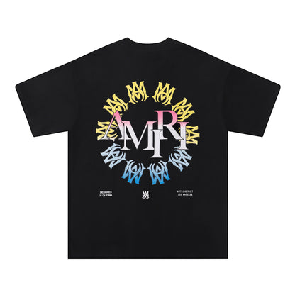 AMIRI Black/White Tee With Colorful Circular Logo For Trendy Streetwear Enthusiasts