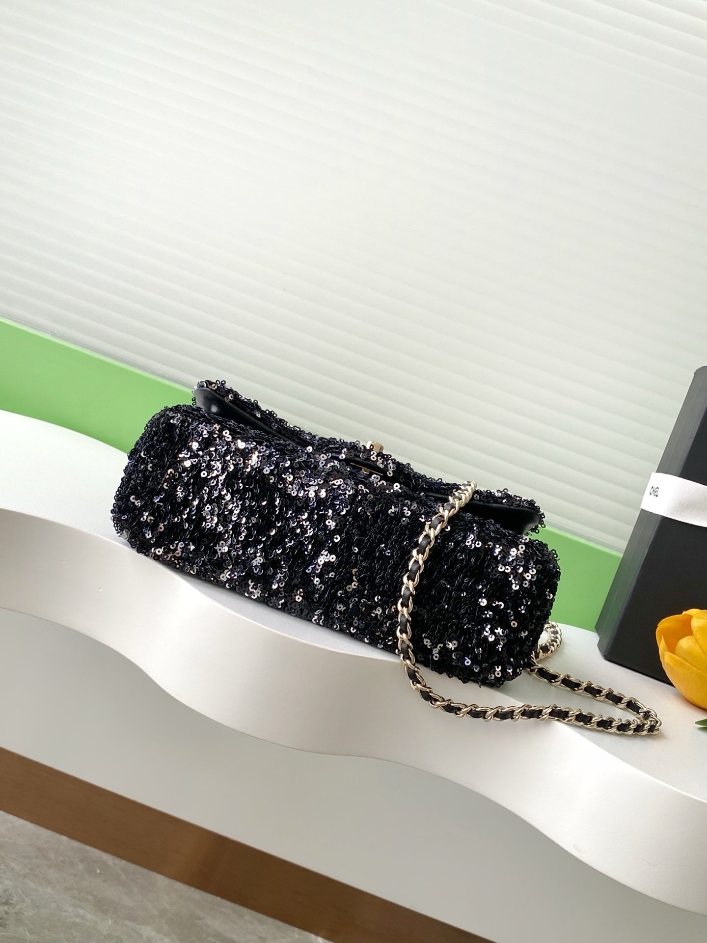 Chanel Black Sequin - Embellished Handbag With Gold CC Logo And Chain Strap AS4561
