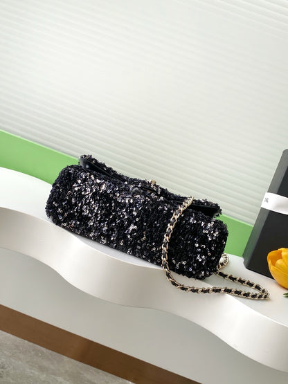 Chanel Black Sequin - Embellished Handbag With Gold CC Logo And Chain Strap AS4561