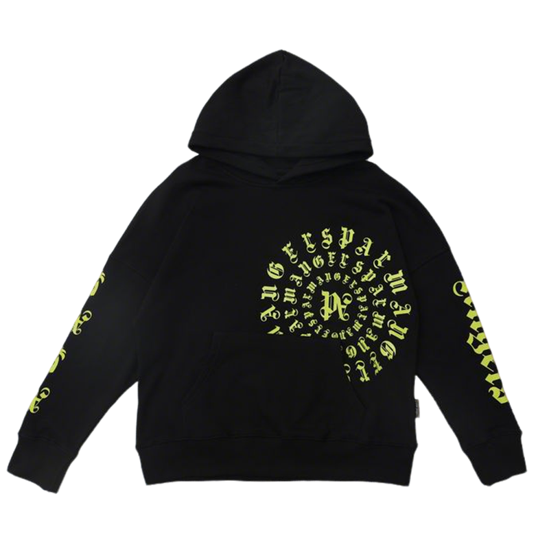 Palm Angels Black Hoodie With Neon Green Spiral Letter Pattern And Hooded Style