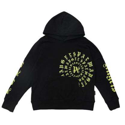 Palm Angels Black Hoodie With Neon Green Spiral Letter Pattern And Hooded Style