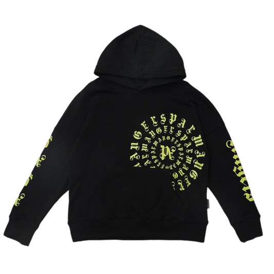 Palm Angels Black Hoodie With Neon Green Spiral Letter Pattern And Hooded Style