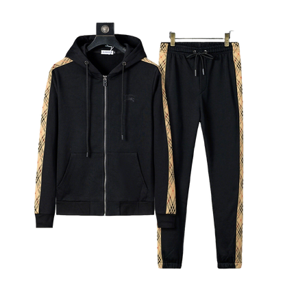 Burberry Men's Black Hooded Tracksuit With Plaid Side Details
