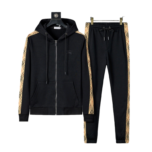 Burberry Men's Black Hooded Tracksuit With Plaid Side Details