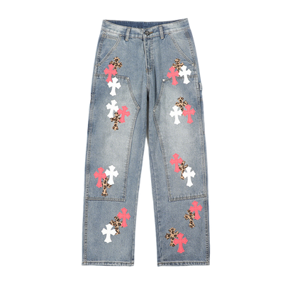 Chrome Hearts Inspired Men's Blue Jeans With Cross And Leopard Patches