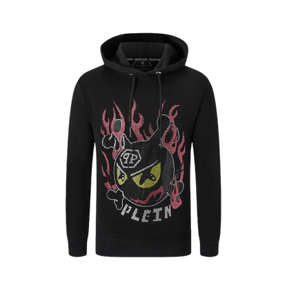 Philipp Plein Black Hoodie With Embellished Devil Character And Flame Design
