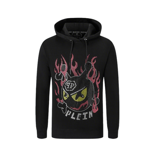 Philipp Plein Black Hoodie With Embellished Devil Character And Flame Design