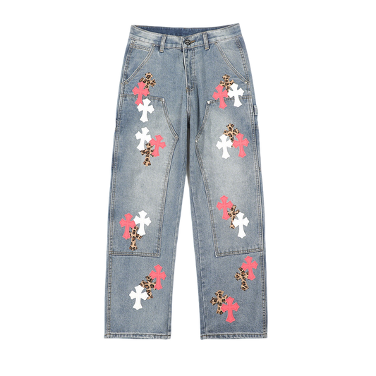 Chrome Hearts Inspired Men's Blue Jeans With Cross And Leopard Patches