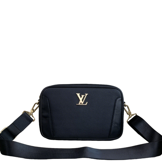 Elegant Black Louis Vuitton Crossbody Bag with Gold Logo and Adjustable Strap