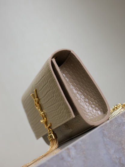 Chic Beige Croc - Embossed YSL KATE Crossbody Bag with Tassel 469390