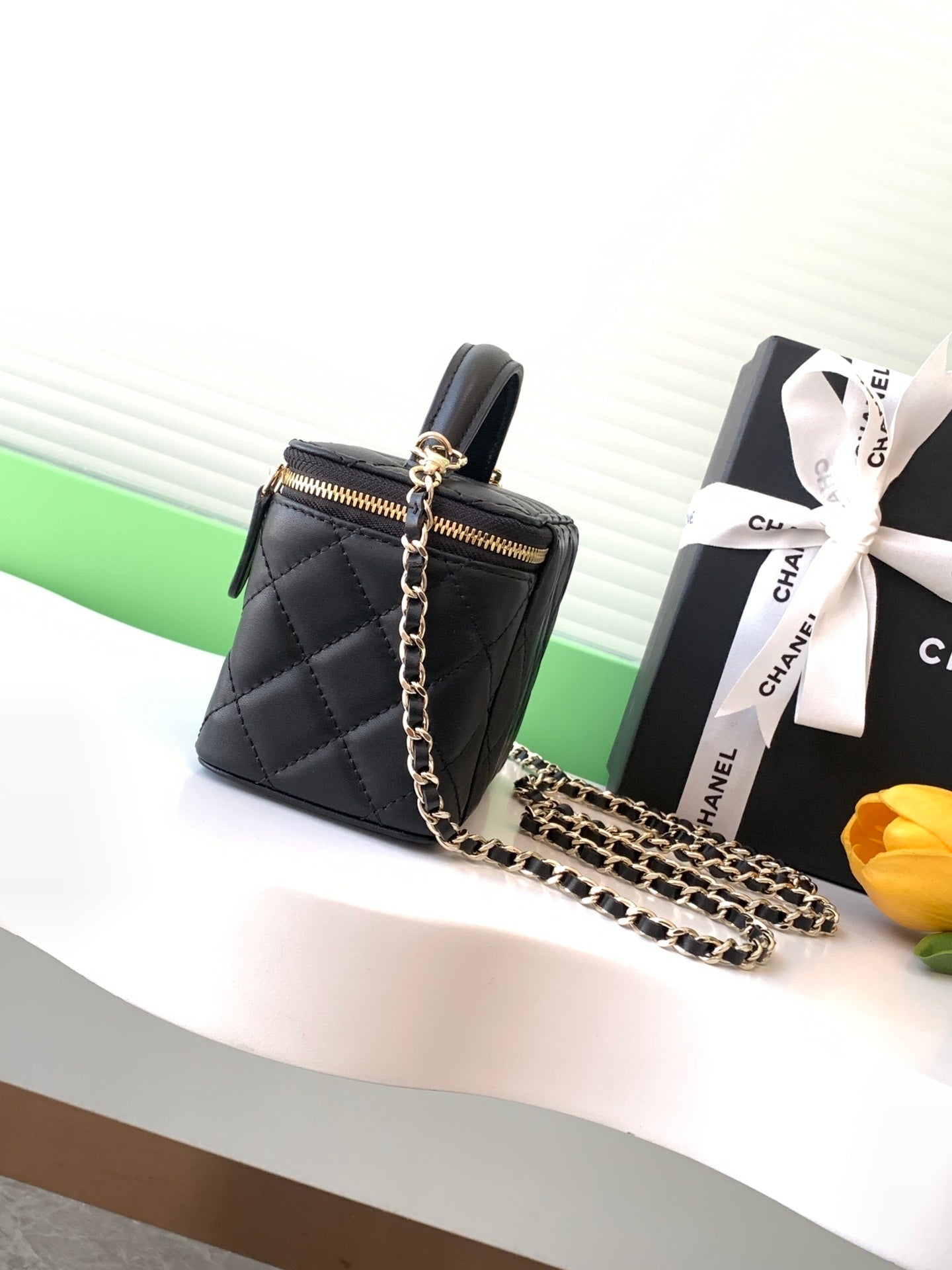 Chanel Classic Vanity Case Black Quilted Leather with Chain Strap AP4494