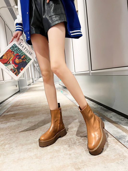 Celine Brown Leather Ankle Boots With Platform Sole And Branding