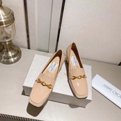 Jimmy Choo Women's Beige Patent Leather Chain - Decorated Loafers