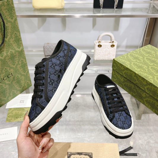 Gucci TENNIS 1977 Women's Denim Platform Sneakers With GG Motif