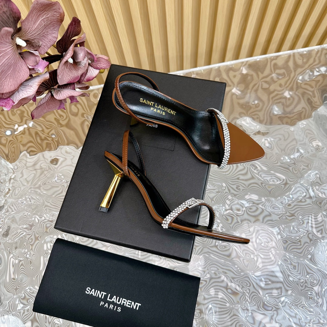 Saint Laurent Brown Crystal - Strap High - Heel Sandals For Elegant Looks