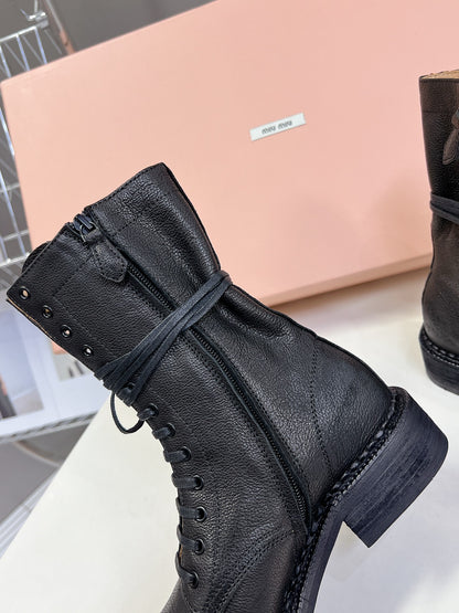 Miu Miu Women's Black Leather Lace - Up Mid - Calf Boots