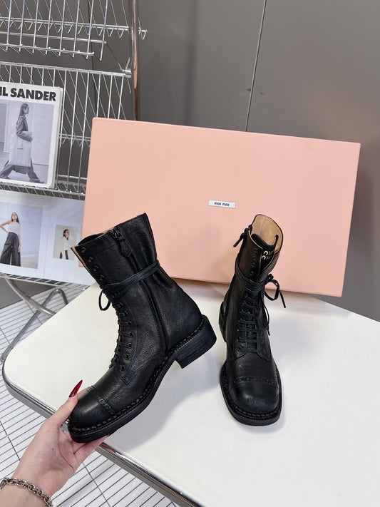 Miu Miu Women's Black Leather Lace - Up Mid - Calf Boots