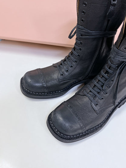 Miu Miu Women's Black Leather Lace - Up Mid - Calf Boots