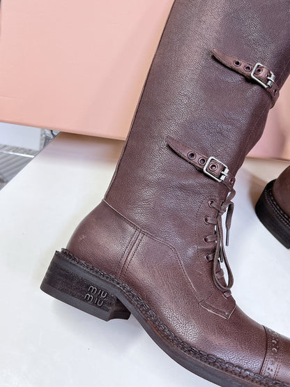 Miu Miu Women's Brown Leather Buckle - Strap Knee - High Boots