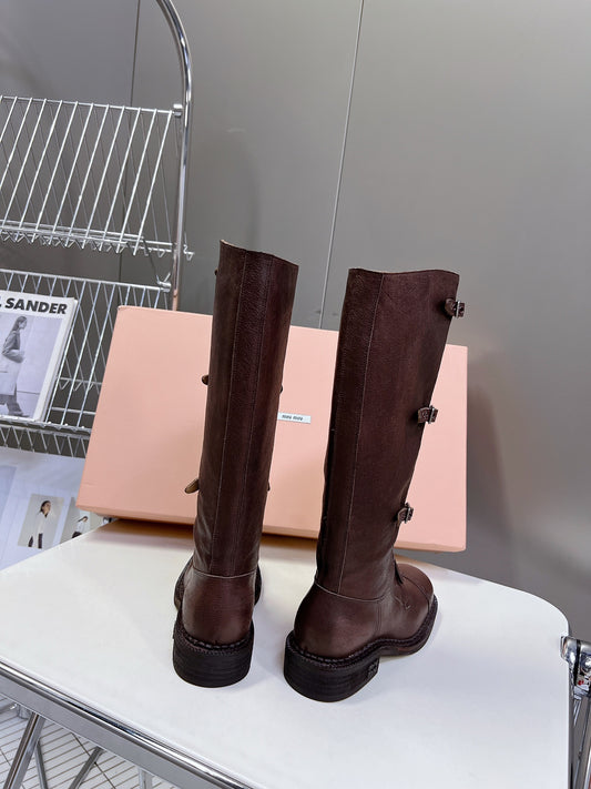Miu Miu Women's Brown Leather Buckle - Strap Knee - High Boots