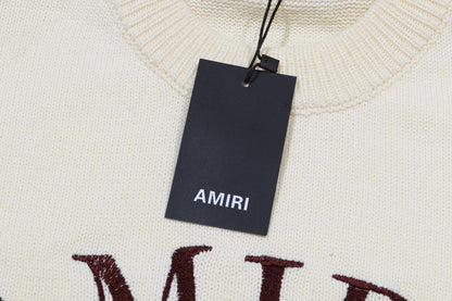 Amiri Men's Cream Crew Neck Knitted Sweater With Brand Slogan Print