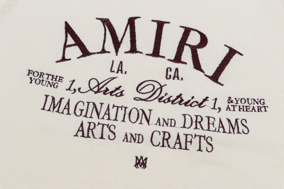 Amiri Men's Cream Crew Neck Knitted Sweater With Brand Slogan Print