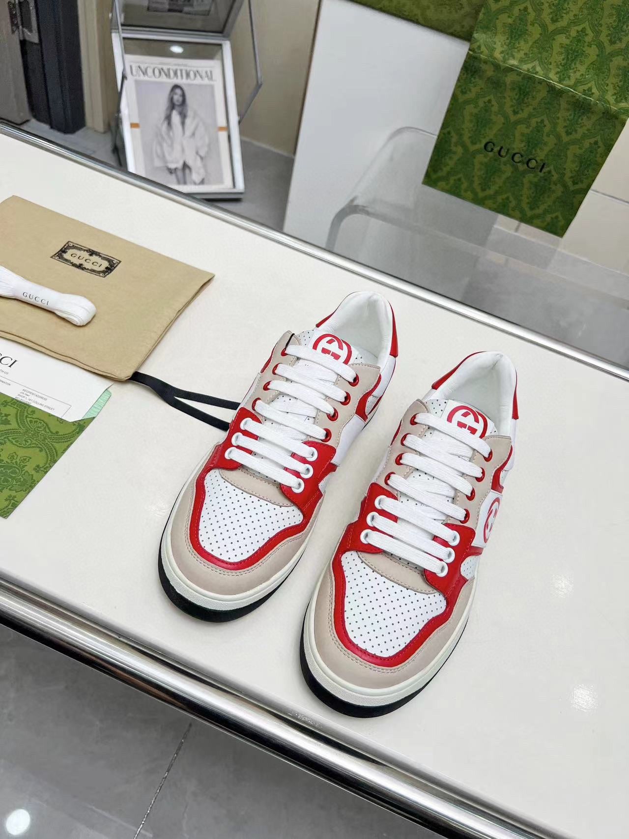 Gucci Screener Red White Leather Sneakers For Men And Women
