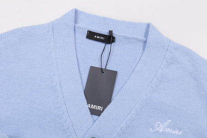 Amiri Men's Light Blue V - Neck Cardigan With Skeleton Print Details