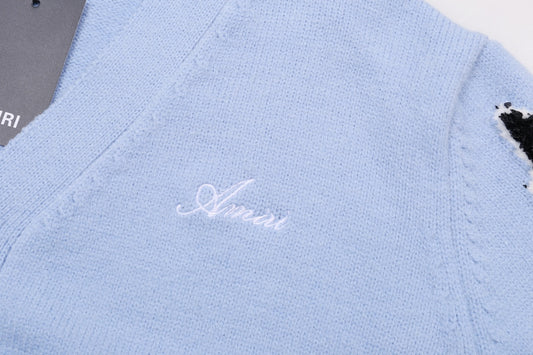 Amiri Men's Light Blue V - Neck Cardigan With Skeleton Print Details