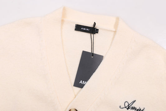 Amiri Men's Cream V - Neck Cardigan With Blue Skeleton Print And Branding