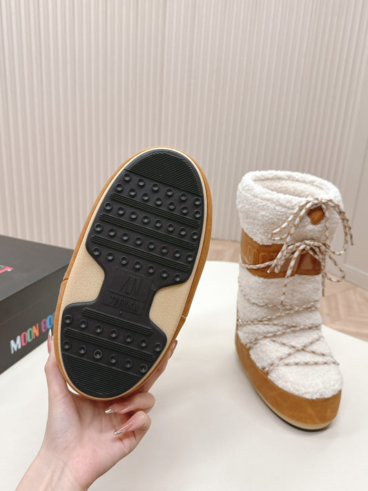 Moon Boot Style White And Brown Shearling Winter Boots For Warmth
