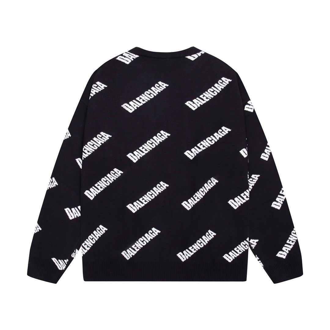 Balenciaga Black Crew Neck Sweater With All - Over Logo Print