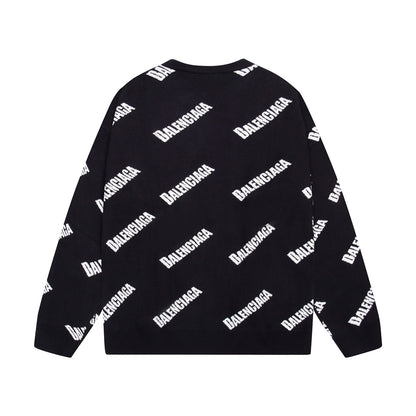 Balenciaga Black Crew Neck Sweater With All - Over Logo Print