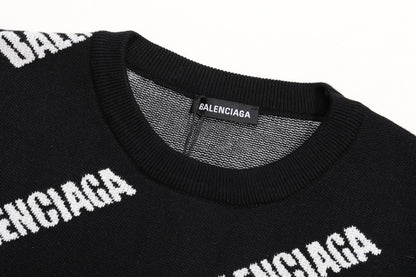 Balenciaga Black Crew Neck Sweater With All - Over Logo Print
