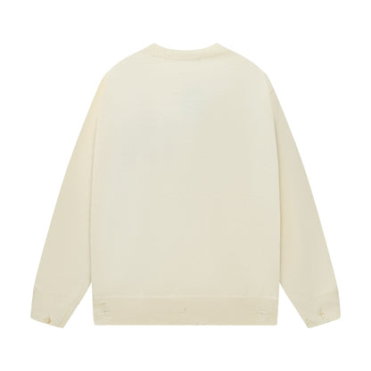 Amiri Men's Cream Crew Neck Knitted Sweater With Distressed Details