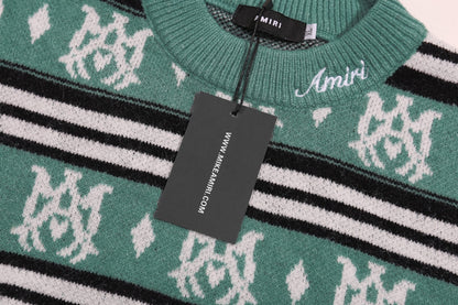 Amiri Men's Green Patterned Crew Neck Knitted Sweater With Brand Elements