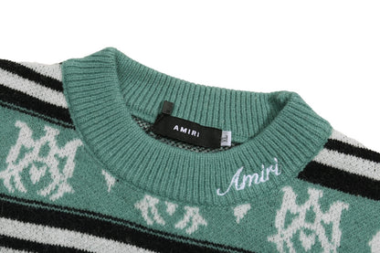 Amiri Men's Green Patterned Crew Neck Knitted Sweater With Brand Elements