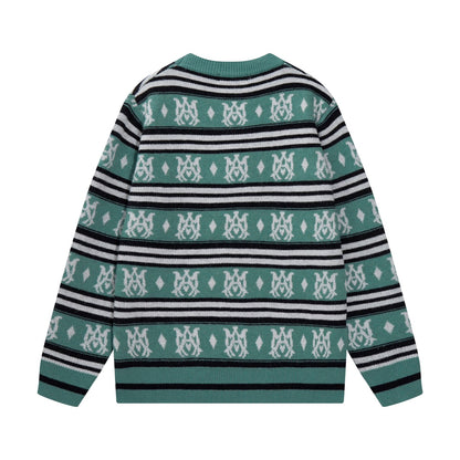 Amiri Men's Green Patterned Crew Neck Knitted Sweater With Brand Elements