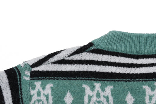 Amiri Men's Green Patterned Crew Neck Knitted Sweater With Brand Elements