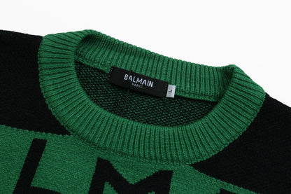 Balmain Green And Black Crew Neck Sweater With Brand Logo Print