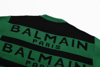 Balmain Green And Black Crew Neck Sweater With Brand Logo Print