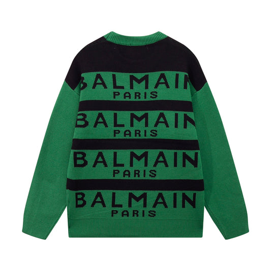 Balmain Green And Black Crew Neck Sweater With Brand Logo Print