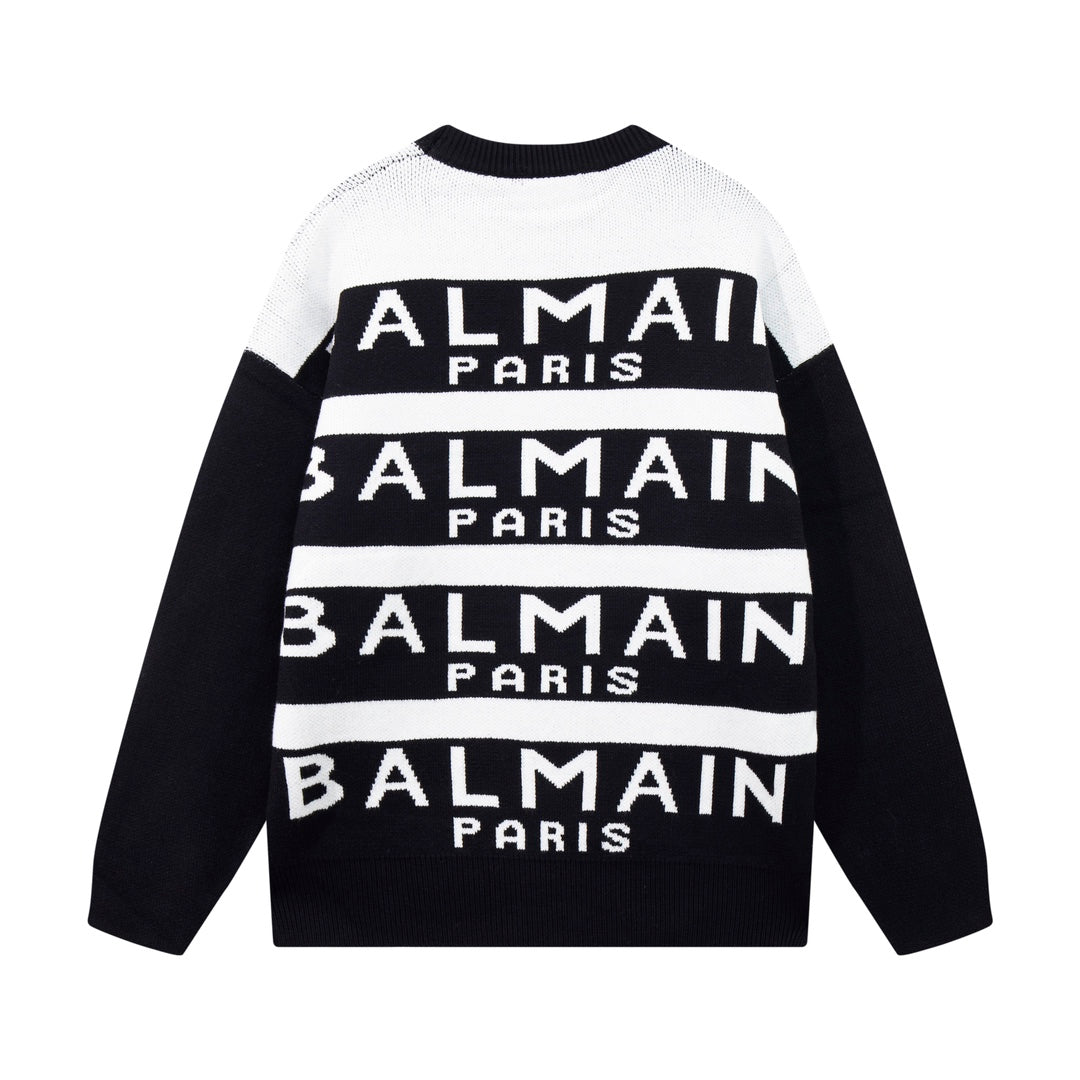 Balmain Black And White Crew Neck Sweater With All - Over Logo Print